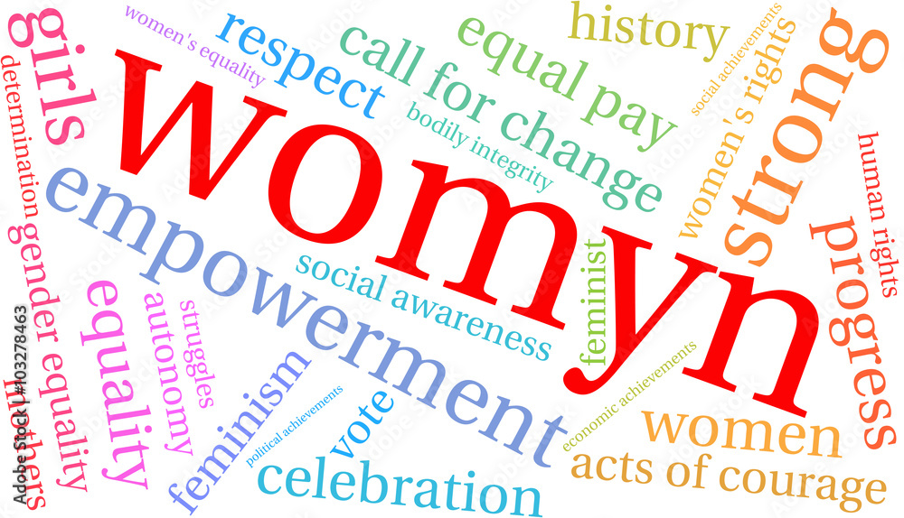 Womyn word cloud on a white background. Nonstandard spelling of the word women adopted by some feminists. Womyn word cloud on a white background. Nonstandard spelling of the word women adopted by some feminists.