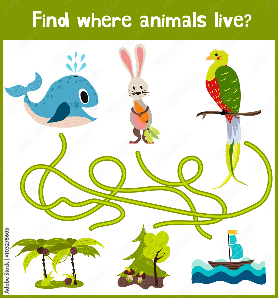 Bright cartoon educational puzzle game for children of preschool and school  ages. Where to find what animals live in the sea whale, forest Bunny, and a  bird from the tropics. Vector Stock