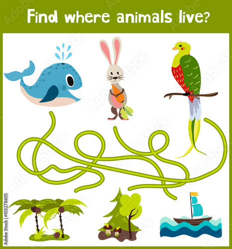Fototapeta Naklejka Na Ścianę i Meble -  Bright cartoon educational puzzle game for children of preschool and school ages. Where to find what animals live in the sea whale, forest Bunny, and a bird from the tropics. Vector