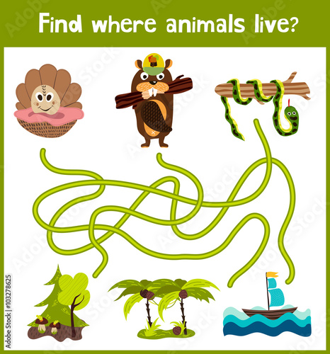 Fototapeta Naklejka Na Ścianę i Meble -  Bright cartoon educational puzzle game for children of preschool and school ages. Where to find what animals live seashell, beaver forest and tropical snake Anaconda. Vector