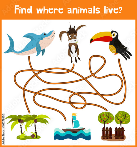 Bright cartoon educational puzzle game for children of preschool and school ages. Where to find what animals live sea shark, homemade donkey and bird Toucan. Vector