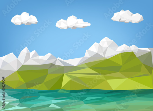 landscape illustration - mountain and lake low poly graphic