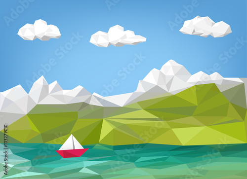 landscape illustration - mountain, lake and sailing boat low poly