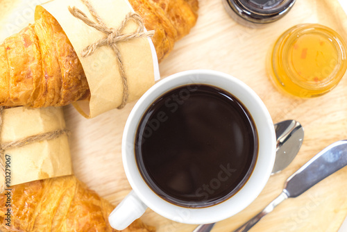 Breakfast, Breakfast set, tray of coffee, croissant, jams.