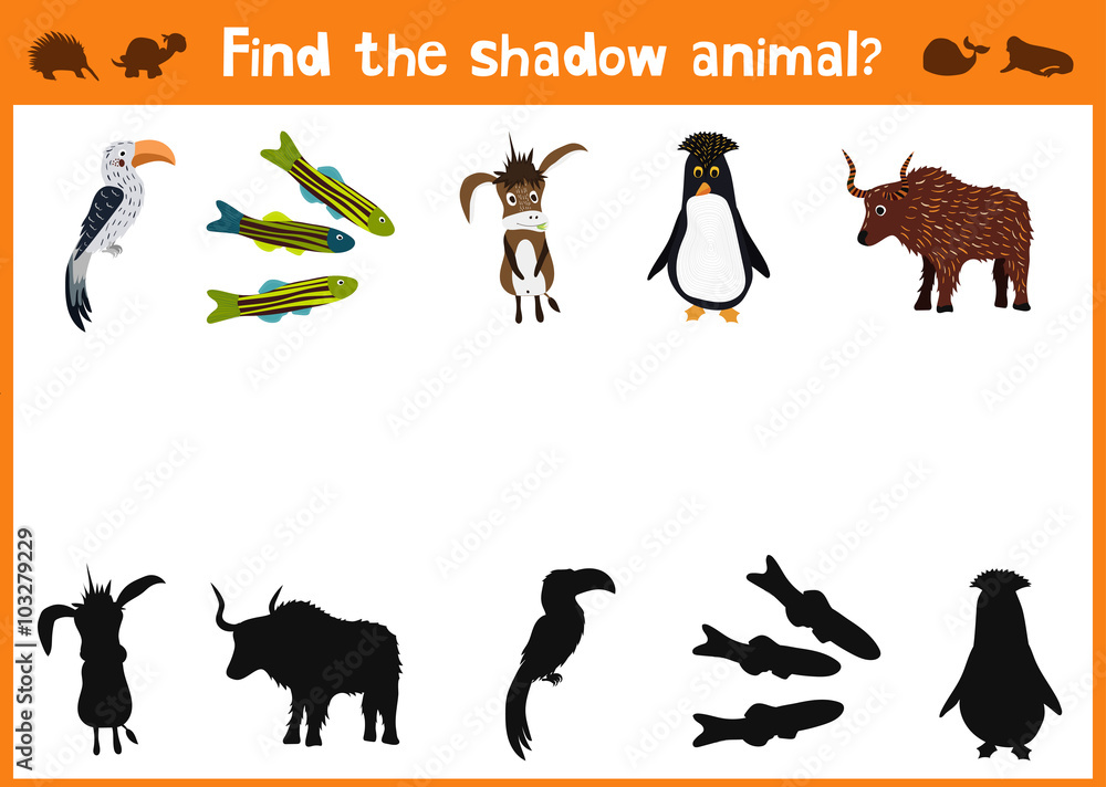 Mirror Image of five different animals good Visual Game. Task find the  right answer black shadow animals. All images are isolated on a white  background and you can move them. Vector Stock