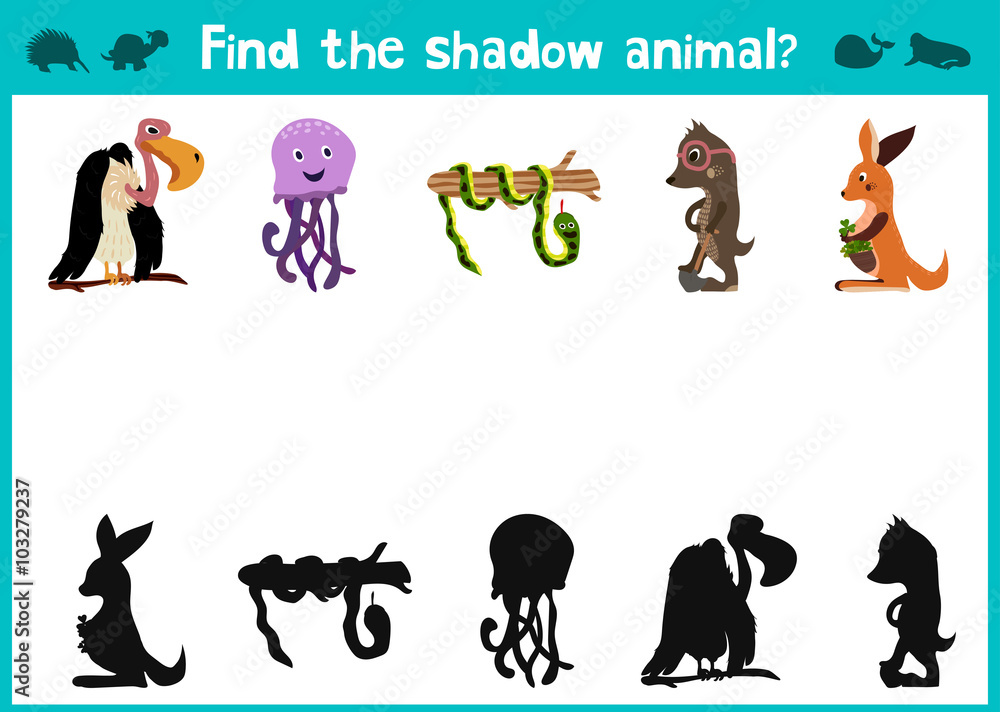 Mirror Image five different cute animals Game Visual. Task find the right answer black shadow animals. Vector