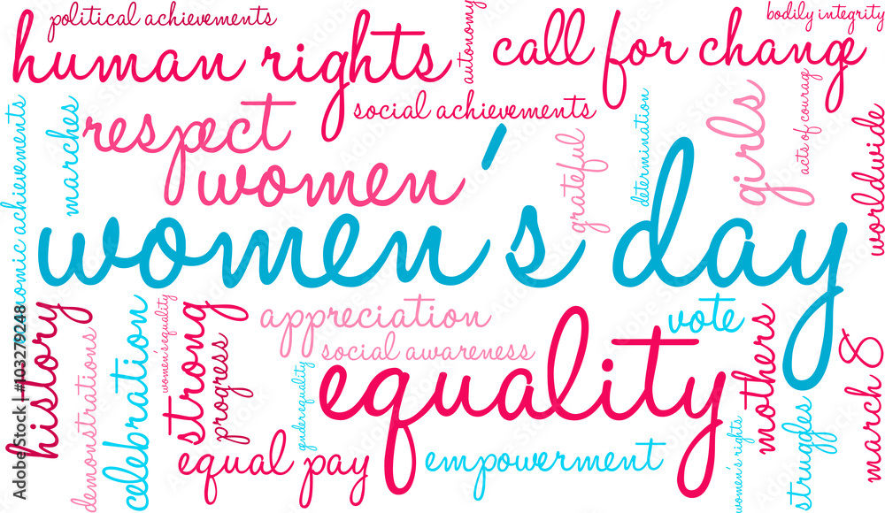 Women's Day word cloud on a white background. 