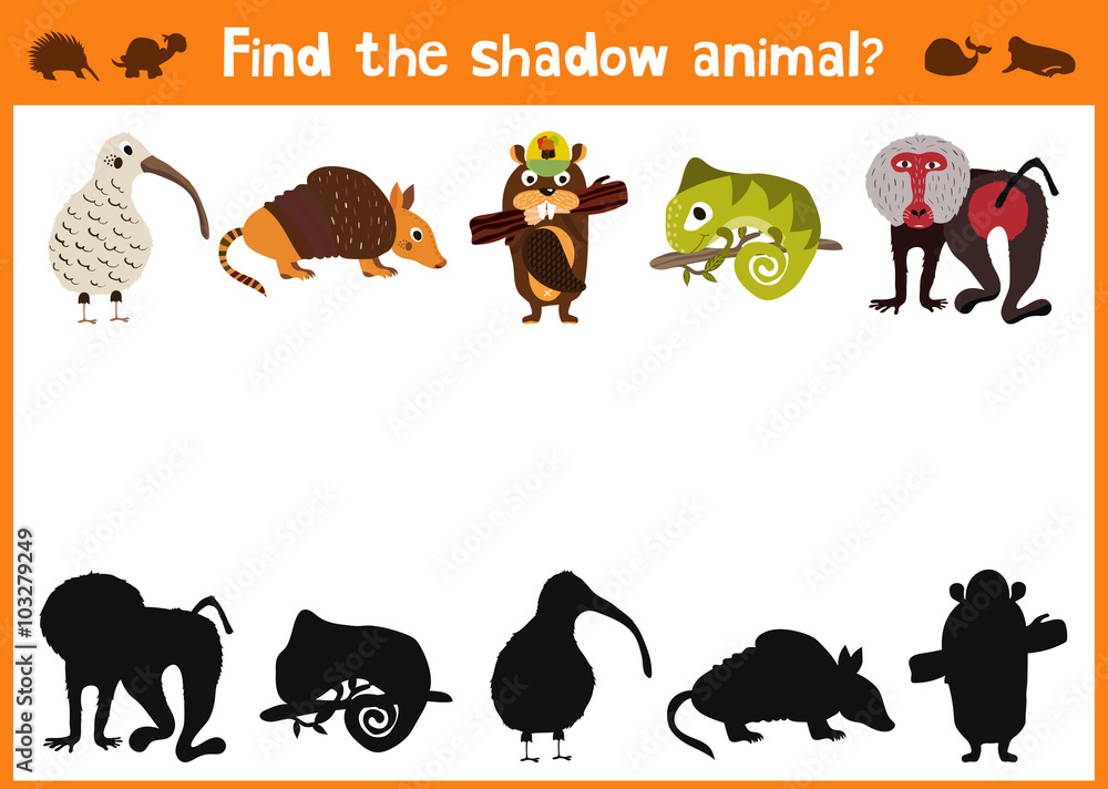 Mirror Image five different cute animals and a good Visual Game. Task find the right answer black shadow animals. Vector Mirror Image five different cute animals and a good Visual Game. Task find the right answer black shadow animals. Vector