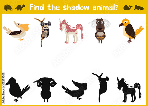 Mirror Image of five different animals a happy Visual Game. Task find the right answer black shadow animals. Vector