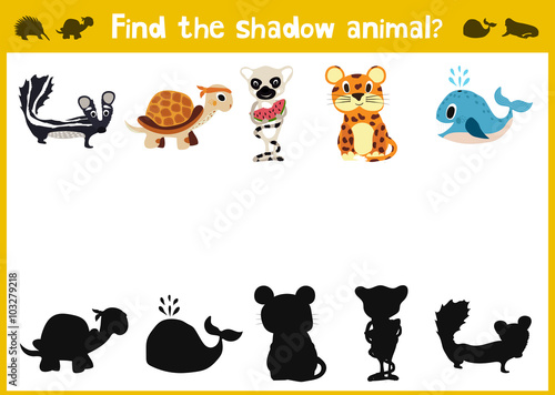 Mirror Image five different cute jungle animals Game Visual. Task find the right answer black shadow animals. Vector