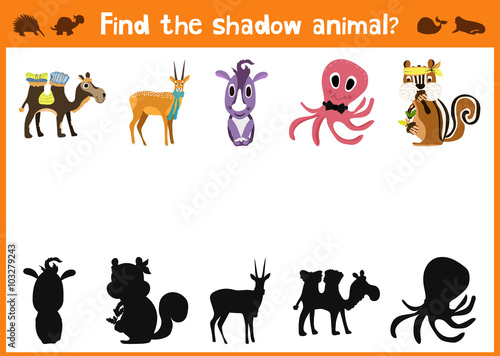 Mirror Image five different cute animals and fun Visual Game. Task find the right answer black shadow animals. Vector