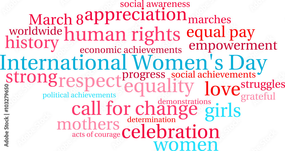 International Women's Day word cloud on a white background. International Women's Day word cloud on a white background.
