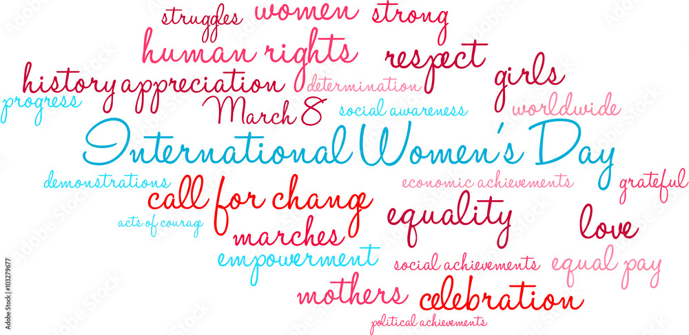 International Women's Day word cloud on a white background. 