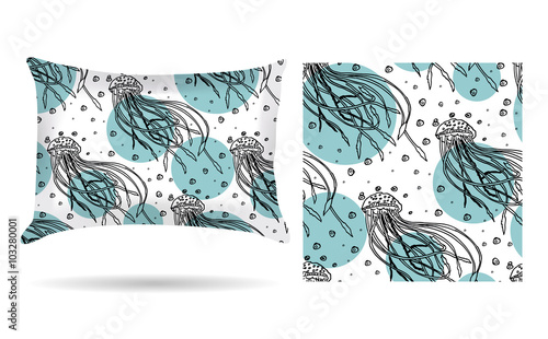 Decorative pillow with jellyfish pillowcase in an elegant, gentle style on a white background. Isolated on white. Interior design element. The aroma of the sea. Vector