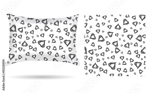 Decorative pillow with hearts pillowcase in an elegant, gentle style on a white background. Isolated on white. Interior design element. Flavor of love. Vector