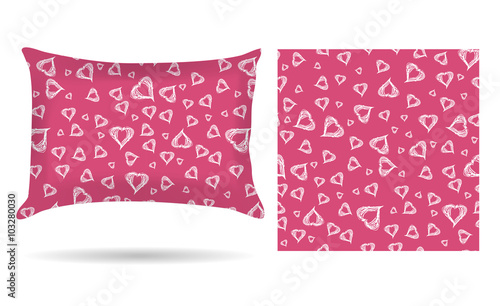 Decorative pillow with hearts pillowcase in an elegant, gentle style on a pink background. Isolated on white. Interior design element. Flavor of love. Vector