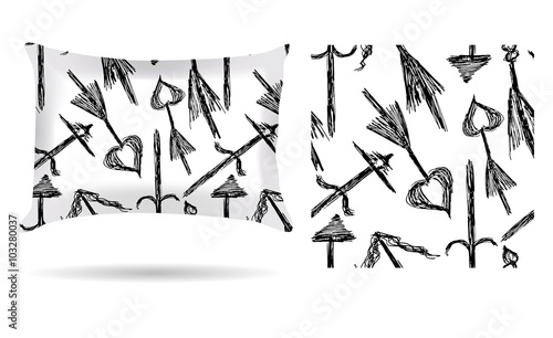 Decorative pillow with hand drawn arrows pillowcase in a creative style on a white background. Isolated on white. Interior design element. Vector