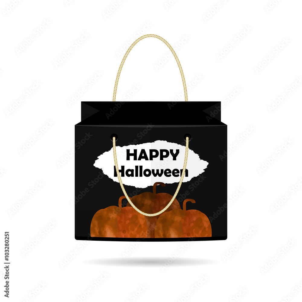 Black insulated Paper Shopping Bags collection for holiday Halloween with pumpkins watercolor on a white background. The design of the bag. Vector Black insulated Paper Shopping Bags collection for holiday Halloween with pumpkins watercolor on a white background. The design of the bag. Vector