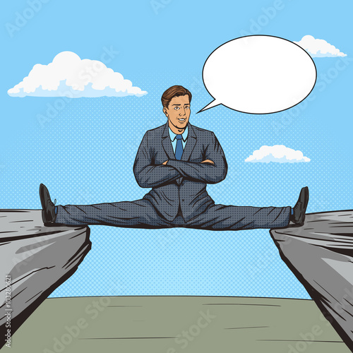 Businessman sitting on split between rocks pop art