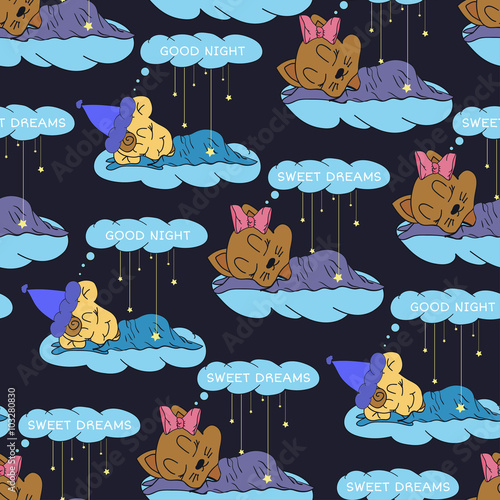A cartoon illustration of seamless pattern hand drawing of a smiling stars and a sleeping child. Suitable for interior design baby room or bed linen. Vector