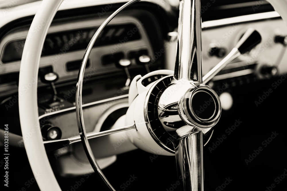 Classic car with close-up on steering wheel Classic car with close-up on steering wheel