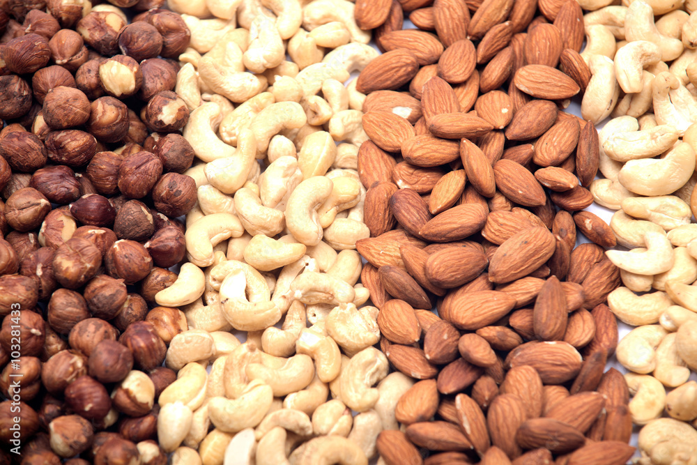 Organic nuts background on white Organic nuts background on white
