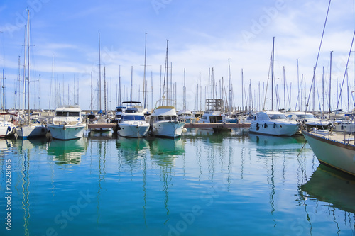 Stock Photo beauty Harbor Yacht Club with glazed clear sea and blue clouds © Saikom