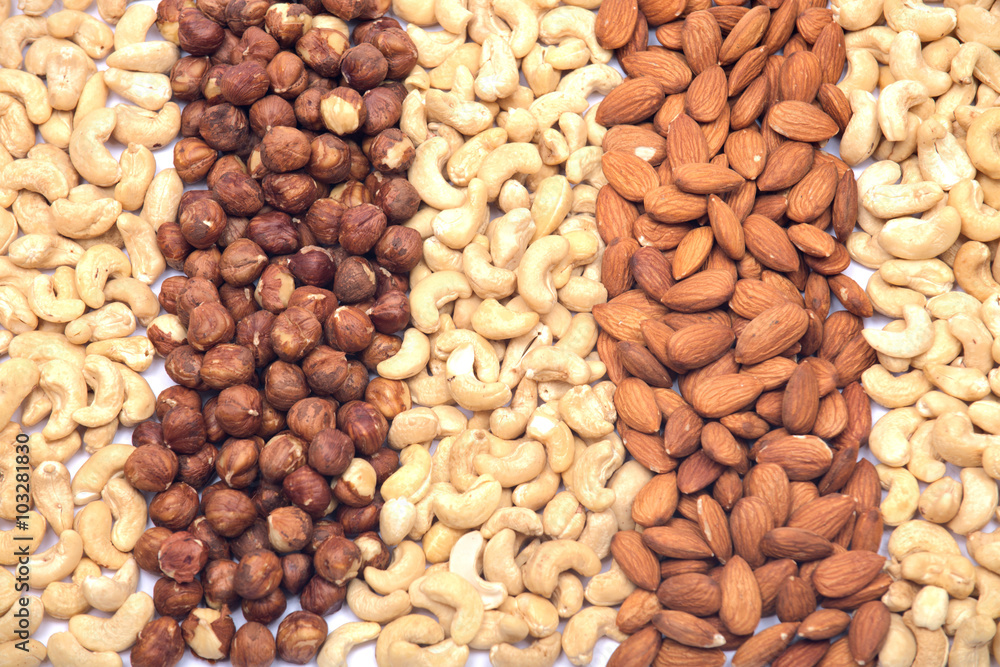 Organic nuts background on white Organic nuts background on white