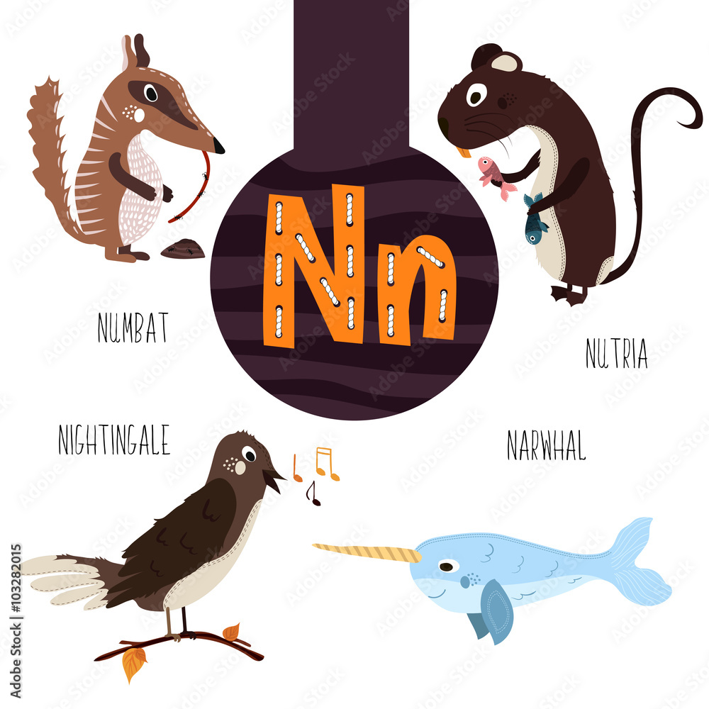 Fun animal letters of the alphabet for the development and learning of  preschool children. Set of cute forest, domestic and marine animals with  the letter n. Vector Stock Vector | Adobe Stock