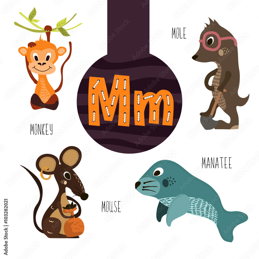 Fun animal letters of the alphabet for the development and learning of  preschool children. Set of cute forest, domestic and marine animals with  the letter m. Vector Stock Vector | Adobe Stock