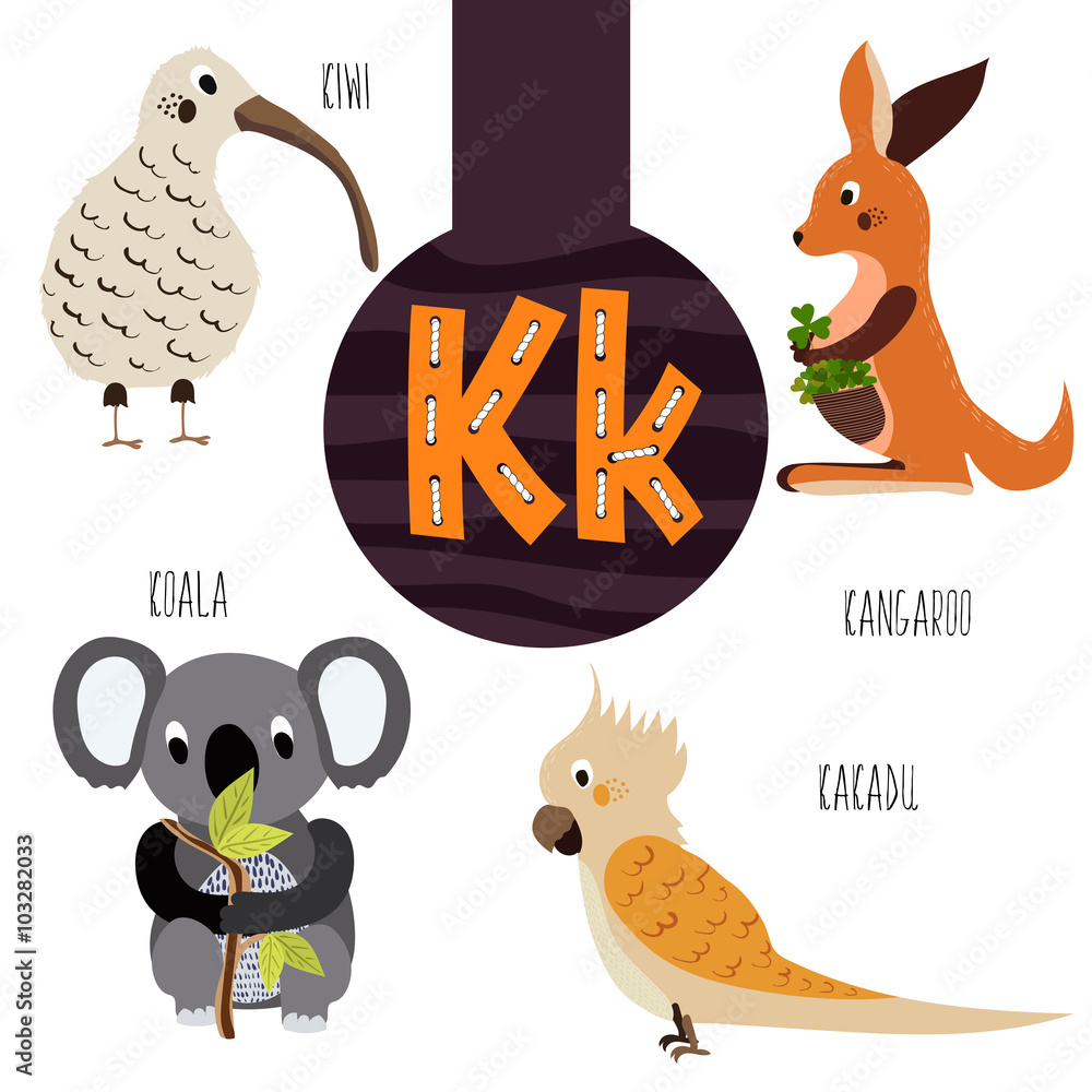 Fun animal letters of the alphabet for the development and learning of  preschool children. Set of cute forest, domestic and marine animals with  the letter k. Vector Stock Vector | Adobe Stock