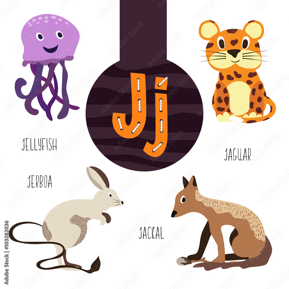 Fun animal letters of the alphabet for the development and learning of  preschool children. Set of cute forest, domestic and marine animals with  the letter j. Vector Stock Vector | Adobe Stock