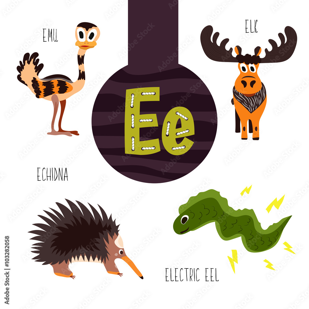 Fun animal letters of the alphabet for the development and learning of  preschool children. Set of cute forest, domestic and marine animals with  the letter e. Vector Stock Vector | Adobe Stock