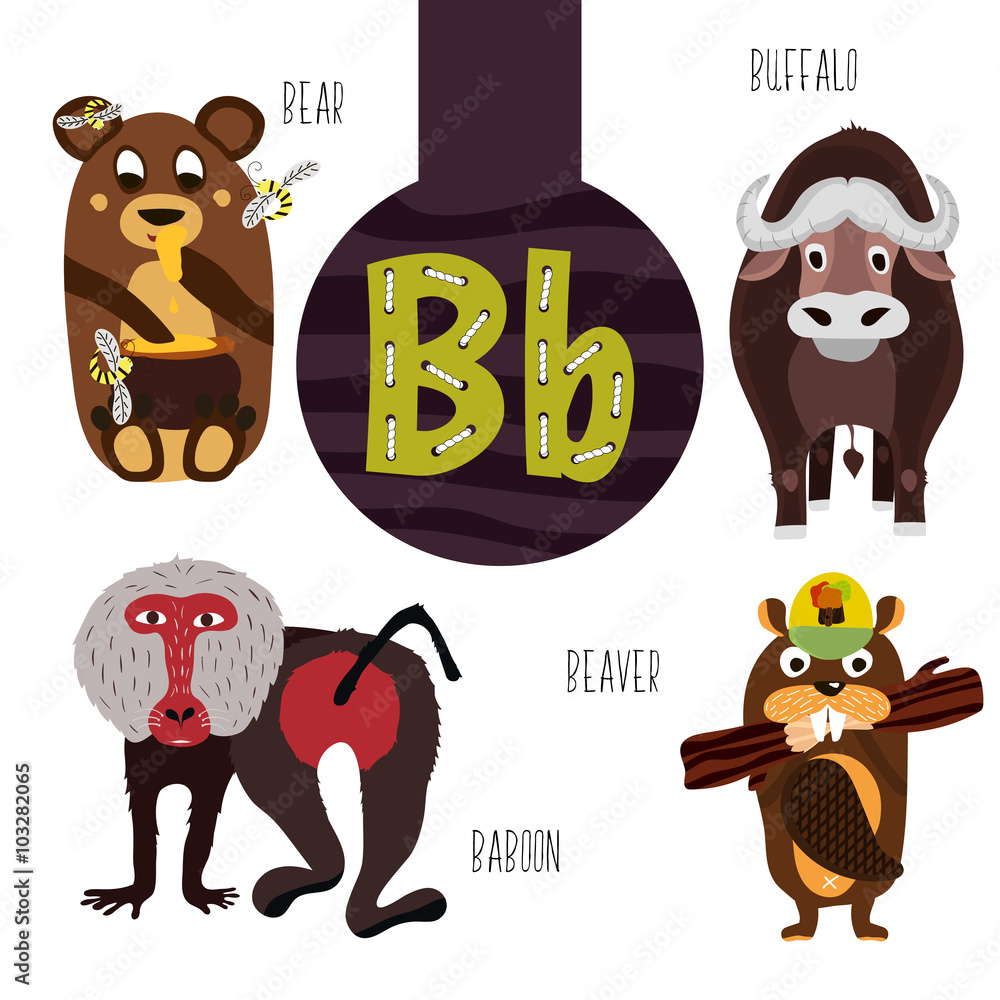 Fun animal letters of the alphabet for the development and learning of  preschool children. Set of cute forest, domestic and marine animals with  the letter b. Vector Stock Vector | Adobe Stock