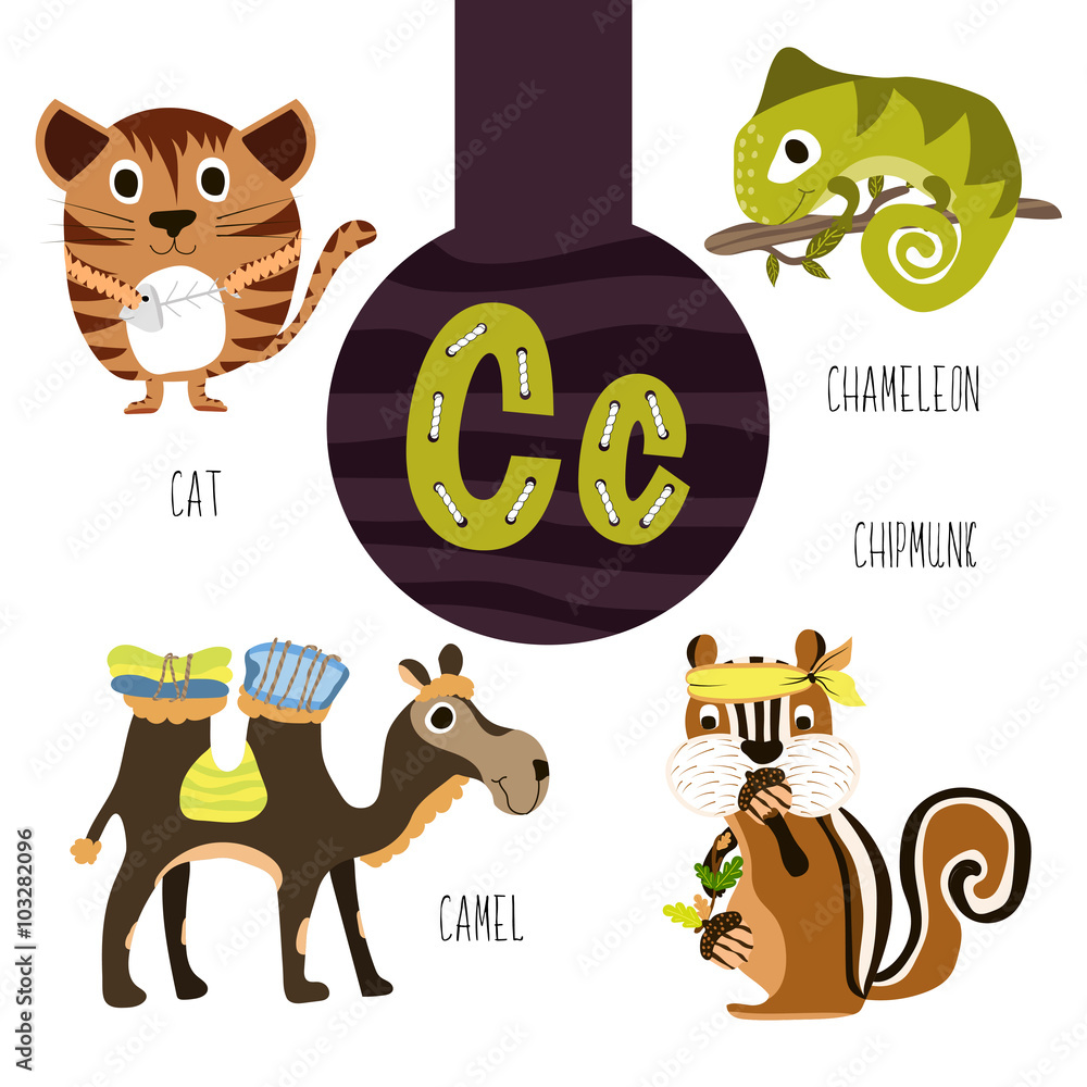 Fun animal letters of the alphabet for the development and learning of  preschool children. Set of cute forest, domestic and marine animals with  the letter c. Vector Stock Vector | Adobe Stock