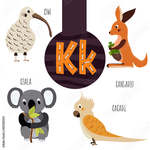 Fun animal letters of the alphabet for the development and learning of preschool children. Set of cute forest, domestic and marine animals with the letter k. Vector