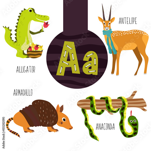 Fun animal letters of the alphabet for the development and learning of preschool children. Set of cute forest, domestic and marine animals with the letter a. Vector