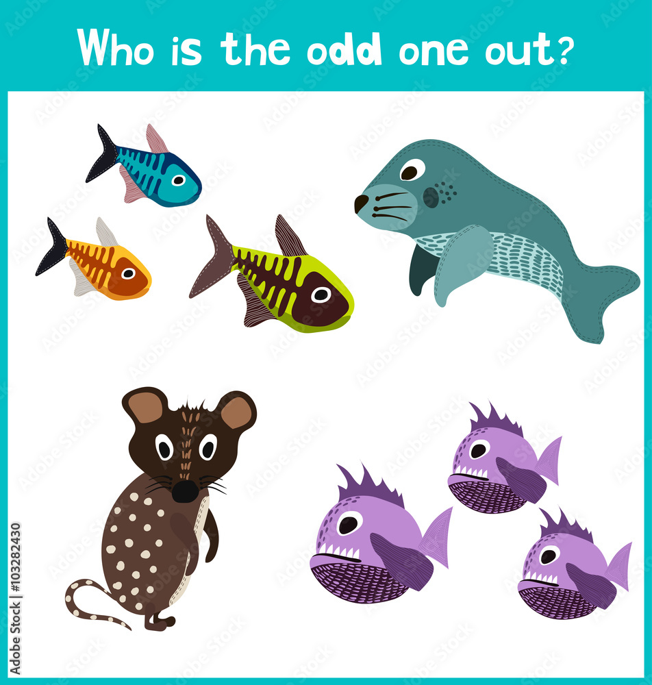 Fototapeta premium Children colorful educational cartoon game puzzle page for children's books and magazines on the theme of extra animal get among the fish. Vector