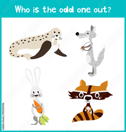 Children colorful educational cartoon game puzzle page for children's books and magazines on the theme extra find the animal among the animals living in the Arctic. Vector