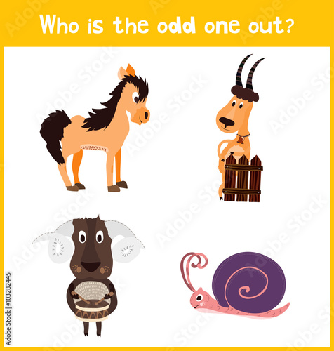 Children colorful educational cartoon game puzzle page for children's books and magazines on the theme get extra animal among the farm animals. Vector