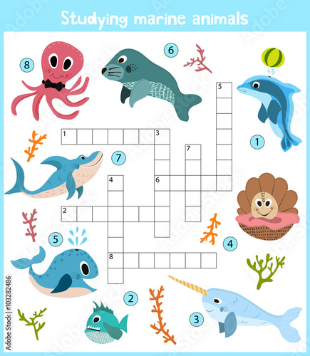 A colorful children's cartoon crossword, education game for children on the theme of sea animals and fishes living in the seas and oceans around the globe. Vector