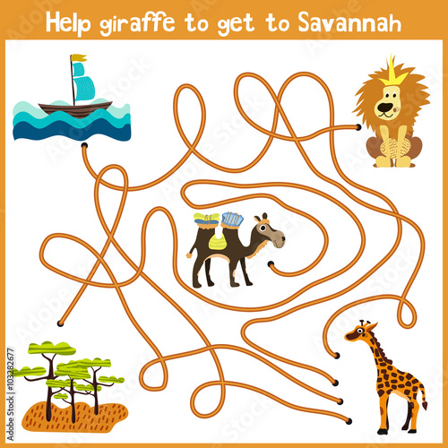Cartoon of Education will continue the logical way home of colourful animals.Help giraffe to get home to the territory of the Savannah. Matching Game for Preschool Children. Vector