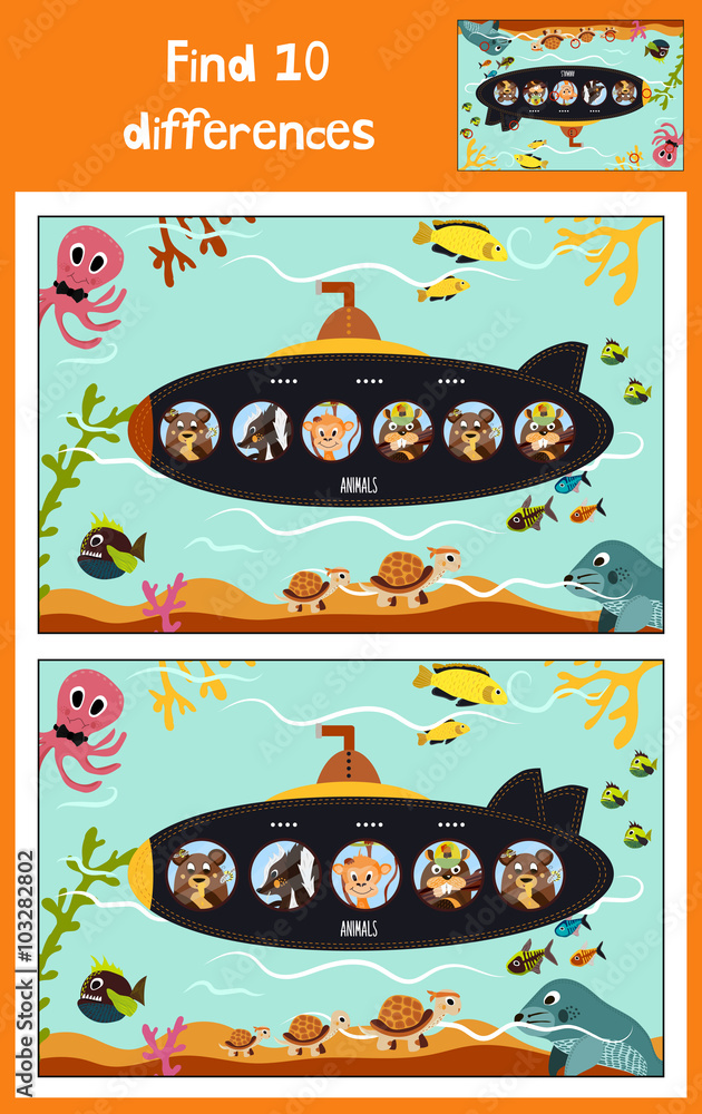 Φωτογραφία Cartoon of Education to find 10 differences in children's pictures submarine floats with animals among marine fishes and inhabitants of the ocean