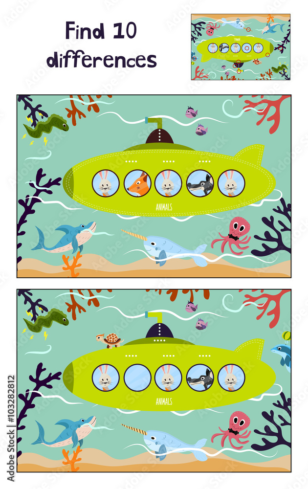 Φωτογραφία Cartoon Vector Illustration of Education to find 10 differences in a colorful kid-friendly illustrations, the submarine floats with wild animals