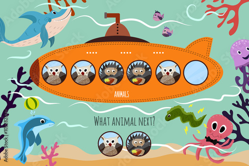 Cartoon Vector Illustration of Education will continue the logical series of colourful forest animals on a beautiful orange submarine. Matching Game for Preschool Children. Vector