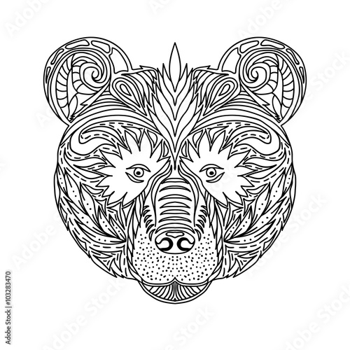 Black and white ornament faces wild beast of the forest bear, ornamental lace design. Page for adult coloring books. Hand drawn ink pattern. Vector