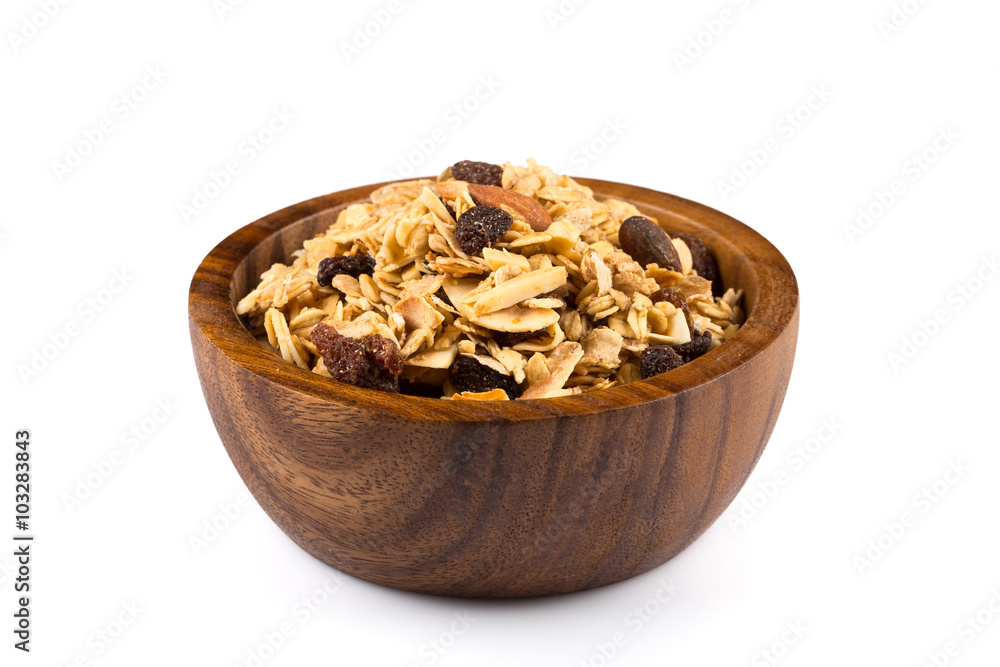 breakfast cereals in wood bowl breakfast cereals in wood bowl