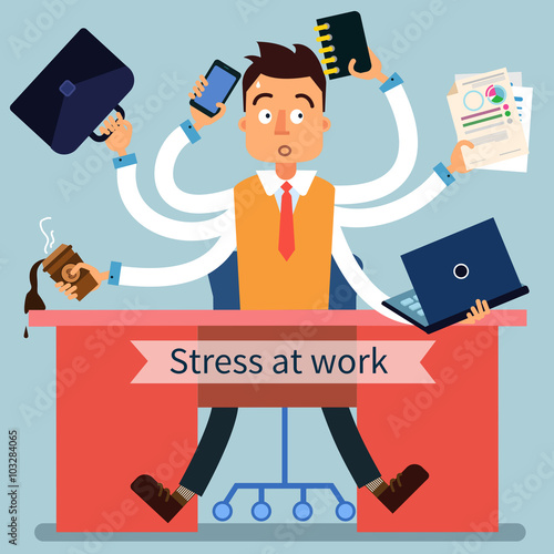 Stressed Man at Work with Many Hands and Office Accessories