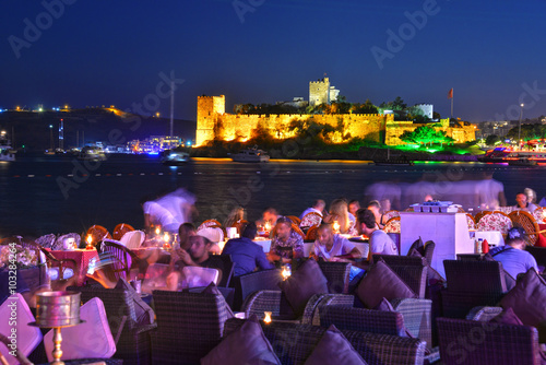 Fototapeta Naklejka Na Ścianę i Meble -  View of Bodrum harbor and Castle of St. Peter by night