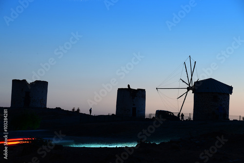 Antique mills in Bodrum after sunset, Turkish Riviera